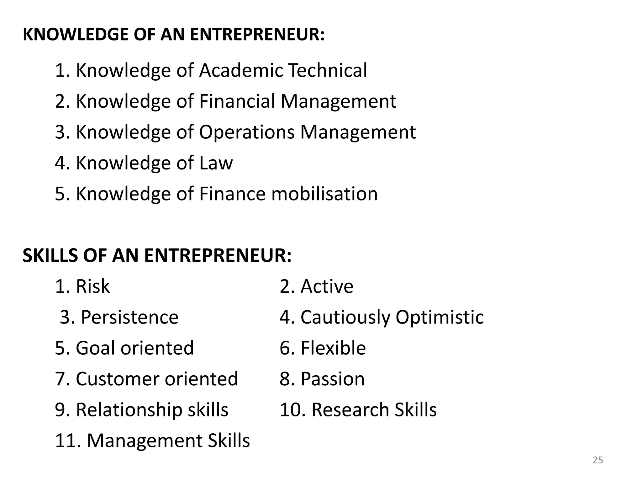 25
KNOWLEDGE OF AN ENTREPRENEUR:
1. Knowledge of Academic Technical
2. Knowledge of Financial Management
3. Knowledge of Operations Management
4. Knowledge of Law
5. Knowledge of Finance mobilisation
SKILLS OF AN ENTREPRENEUR:
1. Risk 2. Active
3. Persistence 4. Cautiously Optimistic
5. Goal oriented 6. Flexible
7. Customer oriented 8. Passion
9. Relationship skills 10. Research Skills
11. Management Skills
 