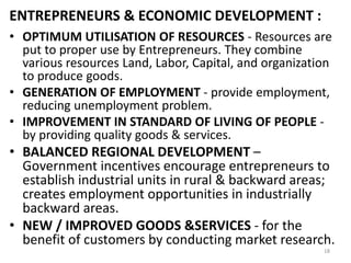 18
ENTREPRENEURS & ECONOMIC DEVELOPMENT :
• OPTIMUM UTILISATION OF RESOURCES - Resources are
put to proper use by Entrepreneurs. They combine
various resources Land, Labor, Capital, and organization
to produce goods.
• GENERATION OF EMPLOYMENT - provide employment,
reducing unemployment problem.
• IMPROVEMENT IN STANDARD OF LIVING OF PEOPLE -
by providing quality goods & services.
• BALANCED REGIONAL DEVELOPMENT –
Government incentives encourage entrepreneurs to
establish industrial units in rural & backward areas;
creates employment opportunities in industrially
backward areas.
• NEW / IMPROVED GOODS &SERVICES - for the
benefit of customers by conducting market research.
 