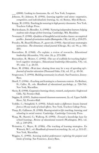 45
___ (2000). Looking in classrooms, 8a. ed. New York, Longman.
Johnson, D.; Johnson, R. (1994). Learning together and alone: cooperative,
competitive, and individualistic learning, 4a. ed. Boston, Allyn & Bacon.
Knapp, M. (1995). Teaching for meaning in high-poverty classrooms. New York,
Teachers College Press.
Meichenbaum, D.; Biemiller, A. (1998). Nurturing independent learners: helping
students take charge of their learning. Cambridge, MA, Brookline.
Newmann, F. (1990). «Qualities of thoughtful social studies classes: an empirical
profile». Journalofcurriculumstudies (Basingstoke, UK), vol. 22, p. 253-275.
Pressley, M.; Beard El-Dinary, P., guest eds. (1993). «Special issue onstrategies
instruction». The elementary school journal (Chicago, IL), vol. 94, p. 105-
284.
Rosenshine, B. (1968). «To explain: a review of research». Educational
leadership (Alexandria, VA), núm. 26, p. 275-280.
Rosenshine, B.; Meister, C. (1992). «The use of scaffolds for teaching higher-
level cognitive strategies». Educational leadership (Alexandria, VA), vol.
49, núm. 7, p. 26-33.
Rowe, M. (1986). «Wait time: slowing down may be a way of speeding up!».
Journal of teacher education (Thousand Oaks, CA), vol. 37, p. 43-50.
Sergiovanni, T. (1994). Building community in schools. San Francisco, Jossey-
Bass.
Shuell, T. (1996). «Teaching and learning in a classroom context». En Berliner,
D.; Calfee, R., eds. Handbook of educational psychology, p. 726-764.
New York, Macmillan.
Slavin, R. (1990). Cooperative learning: theory, research, and practice. Englewood
Cliffs, NJ, Prentice-Hall.
Stiggins, R. (1997). Student-centered classroom assessment, 2a. ed. Upper Saddle
River, NJ, Prentice-Hall.
Teddlie, C.; Stringfield, S. (1993). Schools make a difference: lessons learned
from a 10-year study of school effects. New York, Teachers College Press.
Tharp, R.; Gallimore, R. (1988). Rousing minds to life: teaching, learning, and
schooling in social context. Cambridge, Cambridge University Press.
Wang, M.; Haertel, G.; Walberg, H. (1993). «Toward a knowledge base for
school learning». Review of educational research (Washington, DC), vol.
63, p. 249-294.
Weinstein, C.; Mayer, R. (1986). «The teaching of learning strategies». En
Wittrock, M.C., ed. Handbook of research on teaching, 3a. ed., p. 315-27.
New York, Macmillan.
Wiggins, G. (1993). Assessing student performance: exploring the purpose and
limits of testing. San Francisco, Jossey-Bass.
 