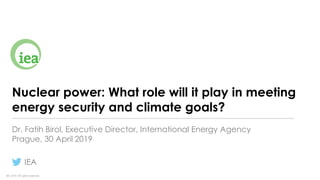 IEA 2019. All rights reserved.
Nuclear power: What role will it play in meeting
energy security and climate goals?
Dr. Fatih Birol, Executive Director, International Energy Agency
Prague, 30 April 2019
IEA
 