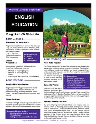 Western Carolina University


                   ENGLISH
              EDUCATION
 Eng lish.WCU.edu
Your Classes
Standards for Educators:

Program includes literature courses that focus on
Fairy Tale, Post-Colonial, African-American, and
Appalachian studies. English Education students
also take courses in
TESOL, Teaching
English to Speakers of      Study Literature:
Other Languages.            •	 Milton

Career
                            •	 Chaucer
                            •	 Shakespeare
                                                             Your Colleagues
Preparation:                                                  First-Rate Faculty:
Students gain a variety of field experiences                  The English Department consists of accomplished teachers who will
throughout the four-year program.                             give you the best educational experience possible. Your teachers
•	        Methods in Teaching English                         have published award-winning books and journal essays and have
•	        Methods in Teaching Writing                         written content for television and film. They bring their own real-life
•	        Intern I                                            experiences to class and
•	        Intern II (You are the teacher for 12 weeks!)       use these to help you grow English students
                                                              in your student teaching, •	 Compete in poetry slams
Your Careers                                                  ultimately preparing you for •	 Design and edit web sites
                                                              a successful career.            •	 Write and edit for public and
Sought-After Graduates:                                                                           private organizations
                                                              Dynamic Peers:                 •	   Volunteer in public schools
Program conveniently places students in and                                                  •	   Hold exciting student internships
                                                              Peer support is one of your
beyond the region. Recent graduates are                       greatest resources as a
currently teaching at Smoky Mountain, South                   student majoring in an English program. Many of these hardworking
Iredell, Cherokee, Lake Norman and Pisgah high                students are North Carolina Teaching Fellows who present their
schools.                                                      essays at regional and national conferences and actively participate
                                                              in community service projects.
Other Choices:
                                                              Spring Literary Festival:
Teachers wanting to teach in higher education may
choose to go on to graduate work for their Masters            Our annual Spring Literary Festival had been bringing local and
of Arts in Education or for a Doctorate in Education.         national writers to the campus since 2003. Distinguished authors,
                                                              such as Jim Harrison, Leslie Silko, Mazine Kumin, Sherman Alexie,
     Advanced Opportunities:                                  Silas House, Elizabeth Kostova, Brett Lott, and Kathryn Stripling
     •	    Administration at local or state level             Byer have all been featured artists at the Spring Literary Festival.
     •	    Private Schools                                    Members of the English faculty, such as Catherine Carter, Ron
     •	    Testing and Assesments for the state               Rash, Deidre Elliott, Pamela Duncan, and Mary Adams, have also
                                                              performed in past festival events.
                              English Deparment * 305 Coulter Building * Cullowhee, NC 28723 * 828.227.7264
 