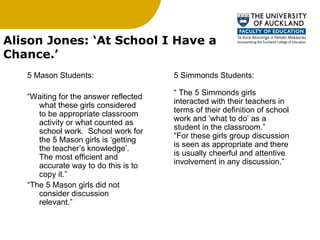 Alison Jones: ‘At School I Have a Chance.’ 5 Mason Students: “ Waiting for the answer reflected what these girls considered to be appropriate classroom activity or what counted as school work.  School work for the 5 Mason girls is ‘getting the teacher’s knowledge’.  The most efficient and accurate way to do this is to copy it.” “ The 5 Mason girls did not consider discussion relevant.” 5 Simmonds Students: “  The 5 Simmonds girls interacted with their teachers in terms of their definition of school work and ‘what to do’ as a student in the classroom.” “ For these girls group discussion is seen as appropriate and there is usually cheerful and attentive involvement in any discussion.” 