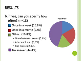RESULTS
6. If yes, can you specify how
often? (n=18)
Once in a week (16.8%)
Once in a month (22%)
Other...(16.8%)
• Once between exams (5.6%)
• After each unit (5,6%)
• Pop quizzes (5.6%)
No answer (44.4%)
 