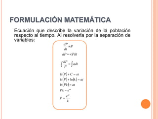 FORMULACIÓN MATEMÁTICA
Ecuación que describe la variación de la población
respecto al tiempo. Al resolverla por la separación de
variables:
P
dt
dP

PdtdP 
  adt
P
dP
 
   
 
k
e
P
ePk
atPk
atkP
atCP
at
at





ln
lnln
ln
 