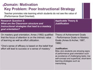 +Domain: Motivation
Key Problem: Poor Instructional Strategy
Research Question 2:
What are the Classroom structure and
Instructional strategies that lead to a mastery
goal orientation?
Applicable Theory &
Justification
On mastery goal orientation, Ames (1992) qualified
that the focus of attention is on the intrinsic value
of learning as well as effort utilization.
“One’s sense of efficacy is based on the belief that
effort will lead to success or a sense of mastery.”
Theory of Achievement Goals
- Performance Goals vs Mastery
Goals (Ames & Archer, 1987,
1988)
Justification:
Miss Jia’s students are showing signs
of performance goal orientation such
as avoidance of challenging tasks; low
self-concept and superficial, short-term
learning strategies such as
memorising.
Teacher promotes rote learning which students do not see the value of
(Performance Goal Oriented).
 