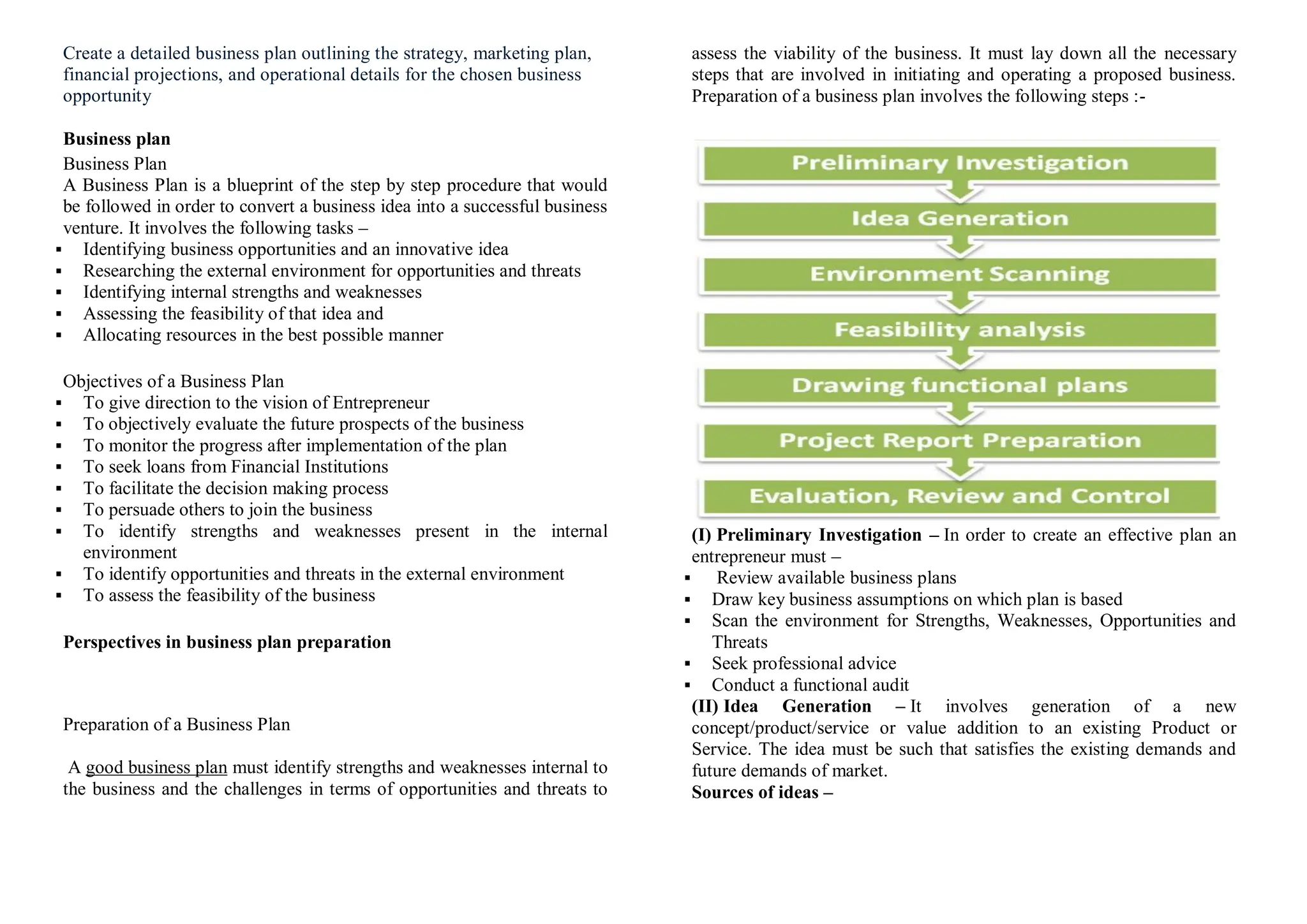 Create a detailed business plan outlining the strategy, marketing plan,
financial projections, and operational details for the chosen business
opportunity
Business plan
Business Plan
A Business Plan is a blueprint of the step by step procedure that would
be followed in order to convert a business idea into a successful business
venture. It involves the following tasks –
 Identifying business opportunities and an innovative idea
 Researching the external environment for opportunities and threats
 Identifying internal strengths and weaknesses
 Assessing the feasibility of that idea and
 Allocating resources in the best possible manner
Objectives of a Business Plan
 To give direction to the vision of Entrepreneur
 To objectively evaluate the future prospects of the business
 To monitor the progress after implementation of the plan
 To seek loans from Financial Institutions
 To facilitate the decision making process
 To persuade others to join the business
 To identify strengths and weaknesses present in the internal
environment
 To identify opportunities and threats in the external environment
 To assess the feasibility of the business
Perspectives in business plan preparation
Preparation of a Business Plan
A good business plan must identify strengths and weaknesses internal to
the business and the challenges in terms of opportunities and threats to
assess the viability of the business. It must lay down all the necessary
steps that are involved in initiating and operating a proposed business.
Preparation of a business plan involves the following steps :-
(I) Preliminary Investigation – In order to create an effective plan an
entrepreneur must –
 Review available business plans
 Draw key business assumptions on which plan is based
 Scan the environment for Strengths, Weaknesses, Opportunities and
Threats
 Seek professional advice
 Conduct a functional audit
(II) Idea Generation – It involves generation of a new
concept/product/service or value addition to an existing Product or
Service. The idea must be such that satisfies the existing demands and
future demands of market.
Sources of ideas –
 