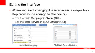 Editing the Interface
• Where required, changing the interface is a simple two-
  step process (no change to Connector):
  – Edit the Field Mappings in Siebel (GUI)
  – Edit the Web Service in EDQ Director (GUI)




       Siebel Field Mappings        EDQ Web Service Definition


                                                                 19
 