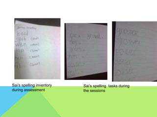 Sai’s spelling inventory   Sai’s spelling tasks during
during assessment          the sessions
 