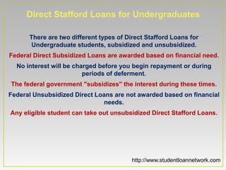 Direct Stafford Loans for Undergraduates

      There are two different types of Direct Stafford Loans for
       Undergraduate students, subsidized and unsubsidized.
Federal Direct Subsidized Loans are awarded based on financial need.
  No interest will be charged before you begin repayment or during
                         periods of deferment.
The federal government "subsidizes" the interest during these times.
Federal Unsubsidized Direct Loans are not awarded based on financial
                               needs.
Any eligible student can take out unsubsidized Direct Stafford Loans.




                                         http://www.studentloannetwork.com
 