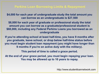 Perkins Loan Borrowing Limits & Repayment

 $4,000 for each year of undergraduate study the total amount you
             can borrow as an undergraduate is $27,500
  $8,000 for each year of graduate or professional study the total
   amount you can borrow as a graduate/professional student is
 $60,000, including any Federal Perkins Loans you borrowed as an
                           undergraduate
If you're attending school at least half-time, you have 9 months after
  you graduate, leave school, or drop below half-time status before
you must begin student loan repayment (you might have longer than
          9 months if you're on active duty with the military).
            This period of time is called a grace period.
At the end of your grace period, you must begin repaying your loan.
            You may be allowed up to 10 years to repay.


                                        http://www.studentloannetwork.com
 
