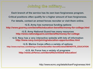 • Each branch of the service has its own loan forgiveness program.
    • Critical positions often qualify for a higher amount of loan forgiveness.
      • For details, contact an armed forces recruiter or visit them online.
               • •U.S. Army has numerous funding options
• http://www.goarmy.com/benefits/education-benefits/money-for-college.html
                • •U.S. Army National Guard has many resources
             http://www.nationalguard.com/benefits/money-for-college
       • •U.S. Navy has a very interactive website with lots of information
             http://www.navy.com/joining/education-opportunities.html
                 • •U.S. Marine Corps offers a variety of options
•   http://www.marines.com/being-a-marine/benefits/-/benefits/detail/BENEFITS_EDUCATION

                   • •U.S. Air Force has a variety of programs
                http://www.airforce.com/benefits/enlisted-education/




                                    http://www.ecmc.org/details/loanForgiveness.html
 