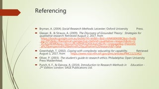 Referencing
 Bryman, A. (2004) Social Research Methods. Leicester: Oxford University Press.
 Glasser, B., & Strauss, A. (2009). The Discovery of Grounded Theory: Strategies for
qualitative research. Retrieved August 2, 2017, from
https://books.google.com.au/books?hl=en&lr=&id=rtiNK68Xt08C&oi=fnd&
pg=PP1&dq=theoretical+perspective+behind+qualitative+research&ots=U
VCXZpXEWK&sig=Sbxvo2RcH0PtR3ZjXiXckwLr9yc#v=onepage&q=theoretic
al%20perspective%20behind%20qualitative%20research&f=false
 Greenhalgh, T. (2002). Coping with complexity: educating for capability. Retrieved
August 1, 2017, from https://www.ncbi.nlm.nih.gov/pmc/articles/PMC1121342/
 Oliver, P. (2003). The student’s guide to research ethics. Philadelphia: Open University
Press Maidenhead.
 Punch, K. F., & Oancea, A. (2014). Introduction to Research Methods in Education -
2nd Edition. London: SAGE Publications Ltd.
 