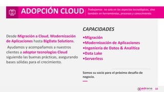 10
Somos su socio para el próximo desafío de
negocio.
CAPACIDADES
•Migración
•Modernización de Aplicaciones
•Ingeniería de Datos & Analítica
•Data Lake
•Serverless
Desde Migración a Cloud, Modernización
de Aplicaciones hasta BigData Solutions.
Ayudamos y acompañamos a nuestros
clientes a adoptar tecnologías Cloud
siguiendo las buenas prácticas, asegurando
bases sólidas para el crecimiento.
ADOPCIÓN CLOUD Trabajamos no solo en los aspectos tecnológicos, sino
también en herramientas, procesos y conocimiento.
 