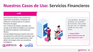 18
ualá
Nuestros Casos de Uso: Servicios Financieros
Esta Unicornio ofrece a sus usuarios una
experiencia innovadora, incluyendo a la
población no bancarizada en el sistema
ﬁnanciero de pagos.
Con 3 millones de tarjetas colocadas, nos
escoge como aliado estratégico en su proceso
de expansión regional, comenzando por
Mexico.
Usa tecnología Cloud que requiere alto nivel
de experiencia y skills técnicos avanzados, por
esta razón y por nuestra experiencia a nivel
global nos escogen como sus consultores
estratégicos.
¨Los miembros del equipo
de Edrans son excelentes
técnicamente, están cuando
hay que estar, no solamente
cuando las cosas están
fáciles.¨
— Ezequiel Mina
Head of Infrastructure &
Core Systems en ualá —
 