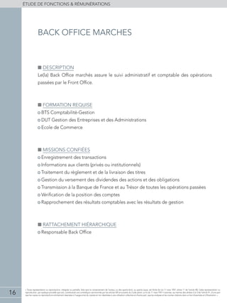 16
éTUDE DE FONCTIONS  RÉMUNÉRATIONS
« Toute représentation ou reproduction, intégrale ou partielle, faite sans le consentement de l'auteur, ou des ayants-droit, ou ayants-cause, est illicite (loi du 11 mars 1957, alinéa 1er
de l'article 40). Cette représentation ou
reproduction, par quelque procédé que soit, constituerait une contrefaçon sanctionnée par les articles 425 et suivants du Code pénal. La loi du 11 mars 1957 n'autorise, aux termes des alinéas 2 et 3 de l'article 41, d'une part
que les copies ou reproductions strictement réservées à l'usage privé du copiste et non destinées à une utilisation collective et d'autre part, que les analyses et les courtes citations dans un but d'exemple et d'illustration. »
■■ Description
Le(la) Back Office marchés assure le suivi administratif et comptable des opérations
passées par le Front Office.
■■ Formation requise
• BTS Comptabilité-Gestion
• DUT Gestion des Entreprises et des Administrations
• Ecole de Commerce
■■ Missions confiées
• Enregistrement des transactions
• Informations aux clients (privés ou institutionnels)
• Traitement du règlement et de la livraison des titres
• Gestion du versement des dividendes des actions et des obligations
• Transmission à la Banque de France et au Trésor de toutes les opérations passées
• Vérification de la position des comptes
• Rapprochement des résultats comptables avec les résultats de gestion
■■ Rattachement hiérarchique
• Responsable Back Office
back office marches
 
