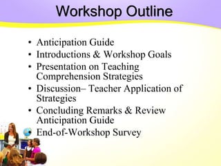 Workshop Outline
• Anticipation Guide
• Introductions & Workshop Goals
• Presentation on Teaching
Comprehension Strategies
• Discussion– Teacher Application of
Strategies
• Concluding Remarks & Review
Anticipation Guide
• End-of-Workshop Survey
 