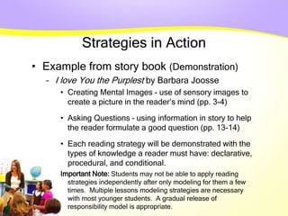 Strategies in Action
• Example from story book (Demonstration)
– I love You the Purplest by Barbara Joosse
• Creating Mental Images - use of sensory images to
create a picture in the reader’s mind (pp. 3-4)
• Asking Questions – using information in story to help
the reader formulate a good question (pp. 13-14)
• Each reading strategy will be demonstrated with the
types of knowledge a reader must have: declarative,
procedural, and conditional.
Important Note: Students may not be able to apply reading
strategies independently after only modeling for them a few
times. Multiple lessons modeling strategies are necessary
with most younger students. A gradual release of
responsibility model is appropriate.
 