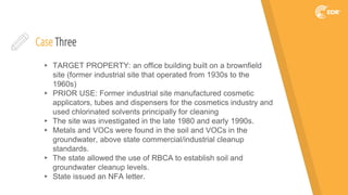 Case Three
▸ TARGET PROPERTY: an office building built on a brownfield
site (former industrial site that operated from 1930s to the
1960s)
▸ PRIOR USE: Former industrial site manufactured cosmetic
applicators, tubes and dispensers for the cosmetics industry and
used chlorinated solvents principally for cleaning
▸ The site was investigated in the late 1980 and early 1990s.
▸ Metals and VOCs were found in the soil and VOCs in the
groundwater, above state commercial/industrial cleanup
standards.
▸ The state allowed the use of RBCA to establish soil and
groundwater cleanup levels.
▸ State issued an NFA letter.
 