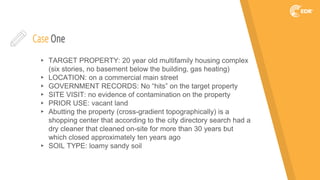 Case One
▸ TARGET PROPERTY: 20 year old multifamily housing complex
(six stories, no basement below the building, gas heating)
▸ LOCATION: on a commercial main street
▸ GOVERNMENT RECORDS: No “hits” on the target property
▸ SITE VISIT: no evidence of contamination on the property
▸ PRIOR USE: vacant land
▸ Abutting the property (cross-gradient topographically) is a
shopping center that according to the city directory search had a
dry cleaner that cleaned on-site for more than 30 years but
which closed approximately ten years ago
▸ SOIL TYPE: loamy sandy soil
 