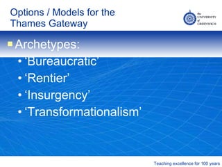 Options / Models for the Thames Gateway Archetypes: ‘ Bureaucratic’ ‘ Rentier’ ‘ Insurgency’ ‘ Transformationalism’ 