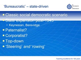 ‘ Bureaucratic’ – state-driven Classic social democratic scenario State expansion post-1945 Keynesian, Berevidge Paternalist? Corporatist? Top-down ‘ Steering’  and  ‘rowing’ 