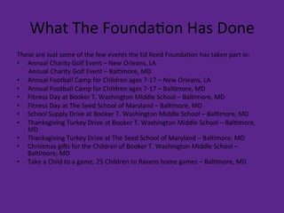 What	
  The	
  Founda9on	
  Has	
  Done	
  	
  
These	
  are	
  Just	
  some	
  of	
  the	
  few	
  events	
  the	
  Ed	
  Reed	
  Founda9on	
  has	
  taken	
  part	
  in:	
  
•  Annual	
  Charity	
  Golf	
  Event	
  –	
  New	
  Orleans,	
  LA	
  
	
  	
  	
  	
  	
  	
  	
  Annual	
  Charity	
  Golf	
  Event	
  –	
  Bal9more,	
  MD	
  
•  Annual	
  Football	
  Camp	
  for	
  Children	
  ages	
  7-­‐17	
  –	
  New	
  Orleans,	
  LA	
  
•  Annual	
  Football	
  Camp	
  for	
  Children	
  ages	
  7-­‐17	
  –	
  Bal9more,	
  MD	
  
•  Fitness	
  Day	
  at	
  Booker	
  T.	
  Washington	
  Middle	
  School	
  –	
  Bal9more,	
  MD	
  
•  Fitness	
  Day	
  at	
  The	
  Seed	
  School	
  of	
  Maryland	
  –	
  Bal9more,	
  MD	
  
•  School	
  Supply	
  Drive	
  at	
  Booker	
  T.	
  Washington	
  Middle	
  School	
  –	
  Bal9more,	
  MD	
  
•  Thanksgiving	
  Turkey	
  Drive	
  at	
  Booker	
  T.	
  Washington	
  Middle	
  School	
  –	
  Bal9more,	
  
MD	
  
•  Thanksgiving	
  Turkey	
  Drive	
  at	
  The	
  Seed	
  School	
  of	
  Maryland	
  –	
  Bal9more,	
  MD	
  
•  Christmas	
  gi[s	
  for	
  the	
  Children	
  of	
  Booker	
  T.	
  Washington	
  Middle	
  School	
  –	
  
Bal9more,	
  MD	
  
•  Take	
  a	
  Child	
  to	
  a	
  game,	
  25	
  Children	
  to	
  Ravens	
  home	
  games	
  –	
  Bal9more,	
  MD	
  
 