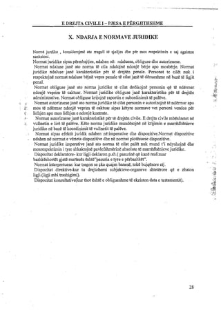 X. NDARJA E NORMAVE JURIDIKE
Nome jurdike , konsiderojrne ate rregull te sjelljes dhe per rnos respektirnin e saj egziston
sanksioni.
Normat juridike sipas perrnbajtjes, ndahen ne: ndaluese, obliguse dhe autorizuese.
Normat ndaluse jane ato norma te cila ndalojne ndonje berje apo rnosberje. Normat
juridike ndaluse jane karakteristike per te drejten penale. Personat te cilet nuk i
respektojne normat ndaluse bejne vepra penale te cilatjane te denueshme ne baze te ligiit
. -penal.
Normat obliguse jane ato norma juridike te cilat dedikojn? personinqe te ndermer.
ndonje veprirn t e caktuar. Normat juridike obliguse jane karakteristike. per te drejten
: administrative. Normat obliguse krijojne raportin e subordinimit te paleve.
., ;: . Normat autorizuesejane ato normajuridike t& cilat personin e autorizojne te ndermar apo
. rnos te ndermar ndonje veprirn te caktuar sipas ketyre normave vet personi vendos p h
..i: lidhjen apo rnos lidhjen e ndonje kontrate.
.. . Normat autorizuesejane karakteristike per te drejten civile. E drejta civile rnbeshtetet ne
r . vullnetin e lire te paleve. Keto norma juridike rnundesojne ne krijimin e rnarredhenieve
juridike ne baze te koordinimit te vullnetit te paleve.
. Normat sipas efektit juridik ndahen ne:irnperative dhe dispozitive.Normat dispozitive
ndahen n&normat e verteta dispozitive dhe n&normat plotesuese dispozitive.-
Normat juridike imperative jane ato norma te cilat palet nuk mund t'i ndyshojne dhe
rnosrespektimin i tyre shkaktojne pavlefshmerine absolute te rnarredhenievejuridike.
Dispozitat deklaratore- kur ligji deklaron p.sh.( pasurine qe kane realizuar
bashkeshortet gjate marteses eshte7'pasuriae tyre e perbashket".
Normat interpretuese: k u tregon se qka quajrn banes&,toke bujqesore etj.
Dispozitat direktive-kur tu drejtohemi subjekteve-organeve shteterore qe e zbaton
ligji.(ligji rnbi trashigirni).
Dispozitat konsultativefiur thot eshte e obligueshme te ekziston data e testamentit).
 
