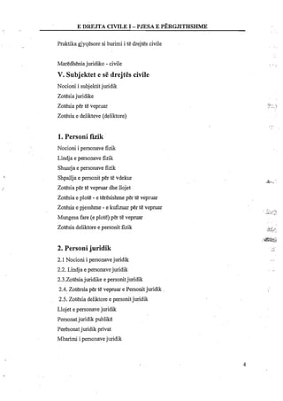 Praktika gjyqesore si burimi i tedrejtes civile
Maredheniajuridiko - civile
V. Subjektet e se drejtes civile
Nocioni i subjektitjuridik
Zotesiajuridike
Zotesia per t? vepruar
Zotesia e delikteve (deliktore)
1. Personi fuik
Nocioni i personave fizik
Lindja e personave fizik
Shuarja e personave fizik
Shpalljae personit per te vdekur
Zotesia per te vepruar dhe llojet
Zotesia e plote - e teresishme per te vepruar
Zotesia e pjesshme - e kufizuar per te vepruar
Mungesa fare (e plot?) p?r t? vepruar
Zotesia deliktore e personit fizik
2. Personi juridik
2.1 Nocioni i personavejuridik
2.2. Lindja e personavejuridik
2.3.Zotesiajuridike e personitjuridik
2.4.ZoErsia per te vepruar e Personitjuridik
2.5.ZoEsia deliktore e personitjuridik
Llojet e personave juridik
Personatjuridik publike
Peresonatjuridik privat
Mbarimi i personavejuridik
 