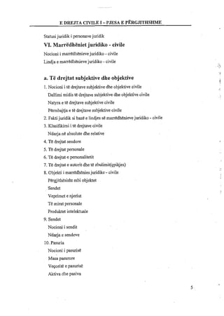 E DREJTA CIVILE I -PJESA E PERGJITHSHME
Statusijuridik i personavejuridik
VI. Marredhenietjuridiko - civile
Nocioni i marredhenievejuridiko - civile
Lindja e marredhenievejuridiko - civile
a. Te drejtat subjektive dhe objektive
1.Nocioni i te drejtave subjektive dhe objektive civile
Dallimi midis te drejtave subjektivedhe objektive civile
Natyra e te drejtave subjektive civile
Permbajtjae te drejtave subjektive civile
2. Faktijuridik si baze e lindjes se marredhenievejuridiko - civile
3. Klasifikimi i te drejtave civile
Ndarja ne absolute dhe relative
4. Te drejtat sendore
5. Te drejtat personale
6. Te drejtat e personalitetit
7. Te drejtat e autorit dhe t&zbulirnit(qpikjes)
8. Cbjekti i martedheniesjuridike.- civile
Pergjithesishtrnbi objektet
Sendet
Veprimet e njeriut
Te mirat personale
Produktet intelektuale
9. Sendet
Nocioni i sendit
Ndarja e sendeve
10.Pasuria
Nocioni i pasurise
Masa pasurore
Veqorite e pasurise
Aktiva dhe pasiva
 