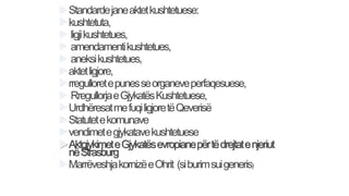 Standardejaneaktetkushtetuese:
kushtetuta,
 ligjikushtetues,
 amendamentikushtetues,
 aneksikushtetues,
aktetligjore,
rregulloretepunesseorganeveperfaqesuese,
 RregullorjaeGjykatësKushtetuese,
UrdhëresatmefuqiligjoretëQeverisë
Statutetekomunave
vendimetegjykatavekushtetuese
AktgjykimeteGjykatësevropianepërtëdrejtatenjeriut
nëStrasburg
MarrëveshjakornizëeOhrit (siburimsuigeneris)
 