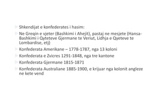 Shkendijat e konfederates i hasim:
Ne Greqin e vjeter (Bashkimi i Ahejit), pastaj ne mesjete (Hansa-
Bashkimi i Qyteteve Gjermane te Veriut, Lidhja e Qyeteve te
Lombardise, etj)
Konfederata Amerikane – 1778-1787, nga 13 koloni
Konfederata e Zvicres 1291-1848, nga tre kantone
Konfederata Gjermane 1815-1871
Konfederata Australiane 1885-1900, e krijuar nga kolonit angleze
ne kete vend
 