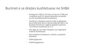 Burimet e se drejtes kushtetuese ne SHBA
 Kushtetuta 1787 (e cila hyri ne fuqi me 1789 pasi
u ratifikua ng 2/3 e njesive federale) se bashku
me 26 amendamentet kushtetuese
 Vendimet e Gjykates Supreme dhe te gjykatave
tjera federative dhe te njesive federale lidhur me
kushtetutshmerine e ligjeve (Gjykata Supreme
“ka shkruar Kushtetute te re”)
 Disa ligje qe i ka nxjerr Kongresi, qe rregullojne
materie kushtetuese
 Disa vendime te Kryetarit, si bartes i pushtetit
ekzekutiv
 Doket gjyqesore
 Praktika gjyqesore
 