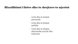 Klasifikimi i lirive dhe te drejtave te njeriut
Lirite dhe te drejtat
personale
Lirite dhe te drejtat
politike
Lirite dhe te drejtat
ekonomike-sociale dhe
kulturore
 