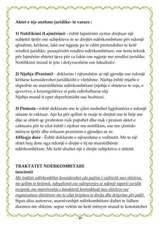 Aktet e nje anshme juridike- te varura :

1) Notifikimi (Lajmërimi) - është lajmërimi zyrtar drejtuar një
subjekti tjetër ose subjekteve te se drejtës ndërkombëtare për ndonjë
qëndrim, kërkese, fakt ose ngjarje pa te cilën pretendohet te ketë
rendësi juridike, posaçërisht rendësi ndërkombëtare, ose term teknik
për lajmërim shtetet tjera për ca fakte ose ngjarje me rendësi juridike.
Notifikimi mund te jete i detyrueshëm ose fakultativ.

2) Njohja (Pranimi) - deklarim i njëanshëm se një gjendje ose ndonjë
kërkese konsiderohet juridikisht e vlefshme. Njohja është mjafte e
shpeshte ne marrëdhënie ndërkombëtare (njohja e shteteve te reja, e
qeverive, e kryengritësve si pale ndërluftuese etj)
Njohja mund ti epet shprehimisht ose heshtazi.

3) Protesta - është deklarate me te çilen mohohet ligjshmëria e ndonjë
situate te caktuar. Ajo ka për qellim te ruaje te drejtat ose te beje me
dije se shteti qe proteston nuk pajtohet dhe nuk i pranon aktet e
caktuara për te cilat është i njohur me notifikim, ose me çfarëdo
mënyre tjetër dhe refuzon pranimin e gjendjes se re.
4)Heqja dore - Është deklarate e njëanshme e vullnetit. Me te një
shtet heq dore nga ndonjë e drejte e tij ne marrëdhënie
ndërkombëtare. Me ketë shuhet një e drejte subjektive e shtetit.



TRAKTATET NDERKOMBETARE
(nocioni)
Me traktat ndërkombëtar konsiderohet çdo pajtim i vullnetit mes shteteve,
me qellim te krijimit, ndryshimit ose ndërprerjes se ndonjë raporti juridik
reciprok, ose marrëveshje e karakterit kontraktual mes shteteve ose
organizatave shtetërore me te cilat krijohen te drejta dhe detyrime për palët.
Sipas disa autoreve, marrëveshjet ndërkombëtare duhet te lidhen
doemos me shkrim, sepse vetëm ne ketë mënyre mund te konstatohet

                                    - 33 -
 
