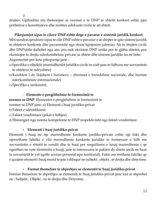 12
drejtes. Gjithashtu ata thekesojne se normat e te DNP te shtetit konkret eshte pjes
perberese e konstituteve dhe normes adekuate civile te ati shteti.
Pikepamjet sipas te cilave DNP eshte dege e pavarur e sistemit juridik konkret.
Mbi sundon qendrimi sipas te cilit DNP eshte e pavarur e se drejtes te qdo sistemi juridik
te shteteve konkrete dhe pavaresisht nga sferat fqinjesore (afersia). Ne te drejten civile
dhe DNPubile dallohet nga ato, pra nuk ekziston DNP unike per te gjitha shtetet, por
ekzistojne te drejta nderkombetare private sa shtete dhe sisteme juridike ka ne bote.
Argumentet per keto pikepamje jane :
a) Specifika e objektit (marredheniet juridiko-civile te cialt jane te lidhura me sovranitete
te shteteve te ndryshme)
b) Karakteri i dy llojshem i burimeve – (burimet e brendshme nacionale, dhe burime
nderkombetare internacionale)
c) Specifika e sanksionit.
Elemente e pergjithshme te formesimit te
normes se DNP Elementet e pergjithshme te formesimit te
normes se DNP jane: a) Elementi i huaj juridiko-privat
b) Faktet e identifikimit
c) Faktet vendimtare (pikat e lidhjes)
d) Shmangiet nga norma kompetente te DNP respektivisht nga faktet vendimtare.
• Elementi i huaj juridiko-privat
Elementi i huaj ne nje marredhenie konkrete jurdiko-private eshte nje fakt dhe
njerrethane faktike e cila marredhenie konkrete juridike te formesuar e lidh me
sovranitetin e shtetit te vendit dhe te huaj per rregullimin e kesaj marredhenie ( qe
ngerthen ne vete elementin e huaj), jane te interesuara te pakten dy shtete secili ne baze
te sovranietit te vet (qofte sovran personal apo territorial). Fakti ose rrethana faktike qe
e quajme element i huaj mund te jete i shfaqur ne subjekt , objekt , te drejta dhe detyrime.
• Format themelore te shprehjes se elementit te huaj juridiko-privat
Format themelore te shprehjes se elementit te huaj juridiko-privat jane kur ai shprehet
ne : Subjekt , Objekt , ne te drejta dhe Detyrime.
 