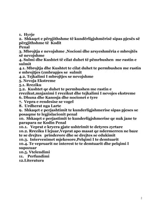 1. Hyrje
2. Shkaqet e përgjithshme të kundërligjshmërisë sipas pjesës së
përgjithshme të Kodit
Penal
3. Mbrojtja e nevojshme ,Nocioni dhe arsyeshmëria e mbrojtës
së nevojshme
4. Sulmi dhe Kushtet të cilat duhet të pëmrbushen me rastin e
sulmit
4.1. Mbrojtja dhe Kushtet te cilat duhet te permbushen me rastin
e mbrojtjes (zmbrapjes se sulmit
4.2. Tejkalimi I mbrojtjes se nevojshme
5. Nevoja Ekstreme
5.1. Rreziku
5.2. Kushtet qe duhet te permbushen me rastin e
rrezikut,mnjanimi I rrezikut dhe tejkalimi I nevojes ekstreme
6. Dhuna dhe Kanosja dhe nocionet e tyre
7. Vepra e rendesise se vogel
8. Urdherat nga Larte
9. Shkaqet e perjashtimit te kunderligjshmerise sipas pjeses se
posaqme te legjislacionit penal
10. Shkaqet e perjastimit te kunderligjshmerise qe nuk jane te
parapara ne Kodin Penal
10.1. Veprat e kryera gjate ushtrimit te detyres zyrtare
10.2. Rreziku I lejuar,Veprat apo masat qe ndermerren ne baze
te se drejtes prinderore dhe se drejtes se edukimit
10.3. Intervenimet mjekesore,Pelqimi I te demtuarit
10.4. Te vepruarit ne interest te te demtuarit dhe pelqimi I
supozuar
10.5. Vtelendimi
11. Perfundimi
12.Literatura




                                                               2
 