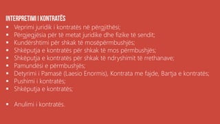  Veprimi juridik i kontratës në përgjithësi;
 Përgjegjësia për të metat juridike dhe fizike të sendit;
 Kundërshtimi për shkak të mosëpërmbushjës;
 Shkëputja e kontratës për shkak të mos përmbushjës;
 Shkëputja e kontratës për shkak të ndryshimit të rrethanave;
 Pamundësi e përmbushjës;
 Detyrimi i Pamasë (Laesio Enormis), Kontrata me fajde, Bartja e kontratës;
 Pushimi i kontratës;
 Shkëputja e kontratës;
 Anulimi i kontratës.
 