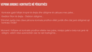 Kontratat gjatë lidhjës kriojnë të drejta dhe obligime të caktuara mes palve...
Kreditori fiton të drejta - Debitori obligime...
Shtrohet pyetja mes cilave përsona kontrata prodhon efekt juridik dhe cilat janë obligimet që
kontrata i lindë?
Momenti i lidhjese së kontratës prodhon efekte mes palve, mirëpo palet e treta nuk janë në
obligim, vetem nëse autorizohen ose ne rast trashigimie...
 