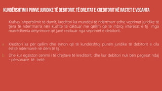 Krahas shperblimit të damit, kreditori ka mundësi të ndërrmarr edhe veprimet juridike të
tjera të nderrmarra nën kushte të caktuar me qëllim që të mbroj interesat e tij mga
marrëdhenia detyrimore që janë rezikuar nga veprimet e debitorit.
a. Kreditori ka për qellim dhe synon që të kundërshtoj punën juridike të debitorit e cila
është ndërmarrë në dëm të tij.
b. Dhe kur egziston cenimi i të drejtave të kreditorit, dhe kur debitori nuk bën pagesat ndaj
- përsonave të tretë.
 