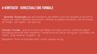 .
Kontratat Konsezuale-janë ato kontrata ku për lidhjen e tyre nuk nevojitet as një form e
veqant, por vetem kërkohet harmonizimi i deshirës se paleve kontraktuse psh.te kontrata
për shitjen, për vepren , për qiran etj.
Kontrata Formale- janë ato kontrata për lidhjen e të cilave perveq vullnetit të paleve
kontraktuse kërkohet edhe respektimi i ndonjë forme të caktuar me ligj psh. Te jet lidhur me
shkrim, të jet vertetuar ne gjykat... etj
Respektimi i forms së kontratës është kusht i parapar me ligj.
 