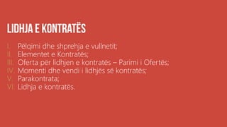 .
I. Pëlqimi dhe shprehja e vullnetit;
II. Elementet e Kontratës;
III. Oferta për lidhjen e kontratës – Parimi i Ofertës;
IV. Momenti dhe vendi i lidhjës së kontratës;
V. Parakontrata;
VI. Lidhja e kontratës.
 