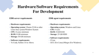 Hardware/Software Requirements
For Development
EDR server requirements
✔ Hardware requirements:
• Operating system: Ubuntu 22.04 or other
Linux base system/Windows System
• CPU: 8 cores minimum
• RAM: 8 GB minimum
• Storage: 50 GB minimum
✔ Software requirements:
• Vs Code, Python 3.8 or Above
EDR agent requirements
✔ Hardware requirements:
• Operating system: Windows and Linux
• CPU: 4 core
• RAM: 8 GB RAM
• Storage: 25 GB HDD
✔ Software requirements:
• CLion
• GCC (For Linux)/Mingw (For Windows)
6
 