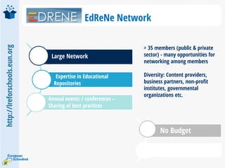 http://lreforschools.eun.org
EdReNe Network
Large Network
Expertise in Educational
Repositories
Annual events / conferences –
Sharing of best practices
> 35 members (public & private
sector) - many opportunities for
networking among members
Diversity: Content providers,
business partners, non-profit
institutes, governmental
organizations etc.
No Budget
 