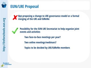 http://lreforschools.eun.org
EUN/LRE Proposal
Possibility for the EUN LRE Secretariat to help organize joint
events and activities
Two face-to-face meetings per year?
Two online meetings/webinars?
Topics to be decided by LRE/EdReNe members
Not proposing a change to LRE governance model or a formal
merging of the LRE and EdReNe
 