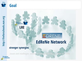 http://lreforschools.eun.org
Goal
LRE
EdReNe Network
stronger synergies
issues and challenges related to Educational Repositories and OERs
 