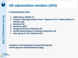 http://lreforschools.eun.org
LRE subcommittee members (2016)
7 Founding Members (MoE)
1. ANSAS (former INDIRE) (IT)
2. Computer Technology Institute & Press - Diophantus (CTI) / Hellenic Ministry of
Education (GR)
3. Kennisnet (NL)
4. Klascement, BE/FL
5. Portuguese Ministry of Education (PT)
6. Swedish National Agency for Education (Skolverket) (SE)
7. Swiss Agency for ICT in Education (CH)
Contribute to the development of annual LRE work plan
and the long-term LRE development strategy
 