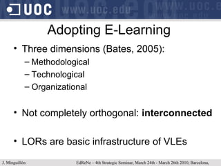 Adopting E-Learning Three dimensions (Bates, 2005): Methodological Technological Organizational Not completely orthogonal:   interconnected LORs are basic infrastructure of VLEs J. Minguillón   EdReNe – 4th Strategic Seminar, March 24th - March 26th 2010, Barcelona, Spain 