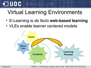 Virtual Learning Environments E-Learning is  de facto   web-based learning VLEs enable learner centered models Learning Process J. Minguillón   EdReNe – 4th Strategic Seminar, March 24th - March 26th 2010, Barcelona, Spain 