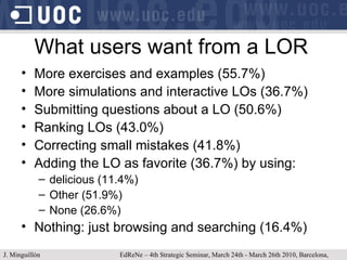 What users want from a LOR More exercises and examples (55.7%) More simulations and interactive LOs (36.7%) Submitting questions about a LO (50.6%) Ranking LOs (43.0%) Correcting small mistakes (41.8%) Adding the LO as favorite (36.7%) by using: delicious (11.4%) Other (51.9%) None (26.6%) Nothing: just browsing and searching (16.4%) J. Minguillón   EdReNe – 4th Strategic Seminar, March 24th - March 26th 2010, Barcelona, Spain 