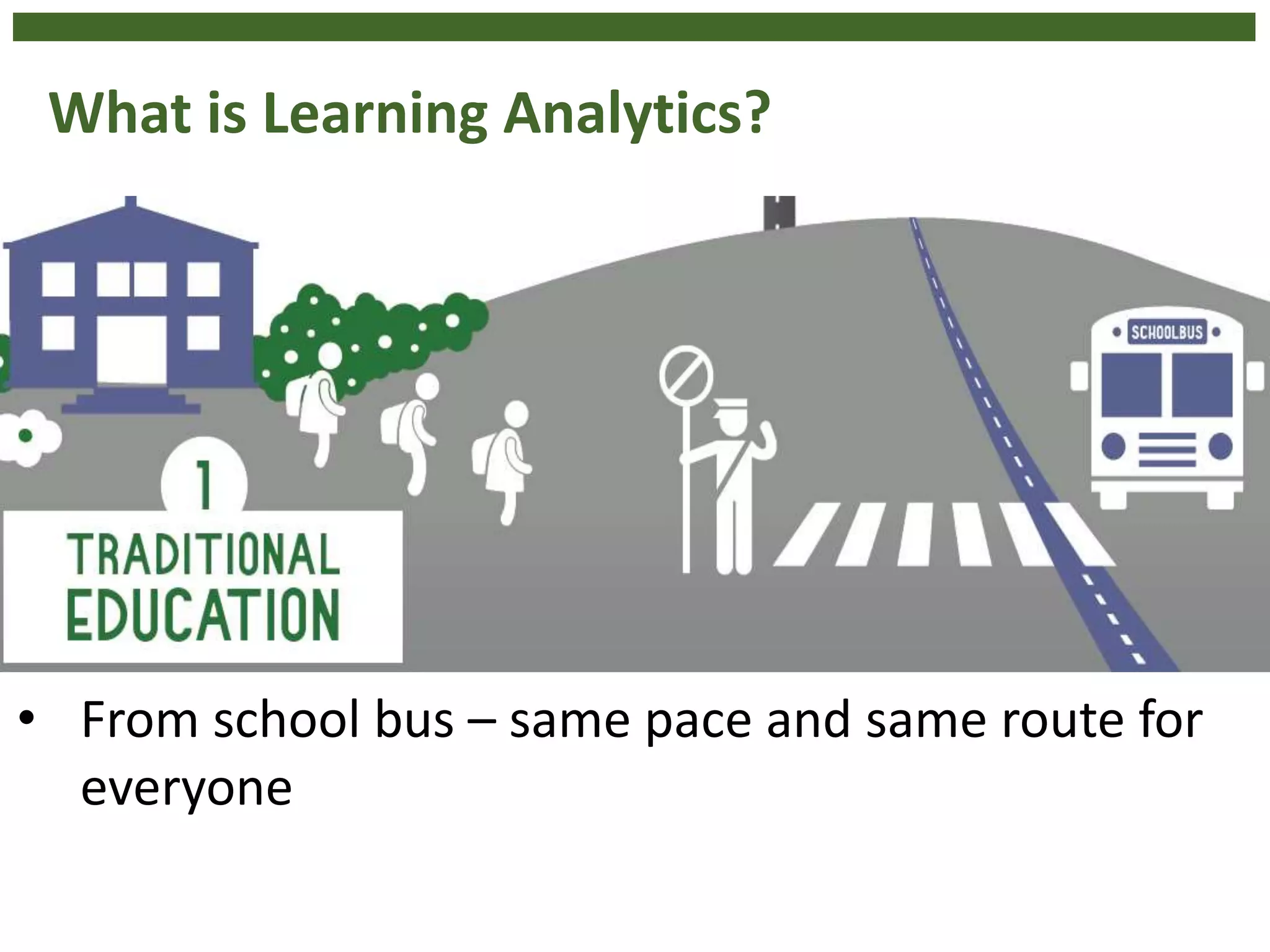 What is Learning Analytics?
• From school bus – same pace and same route for
everyone
 
